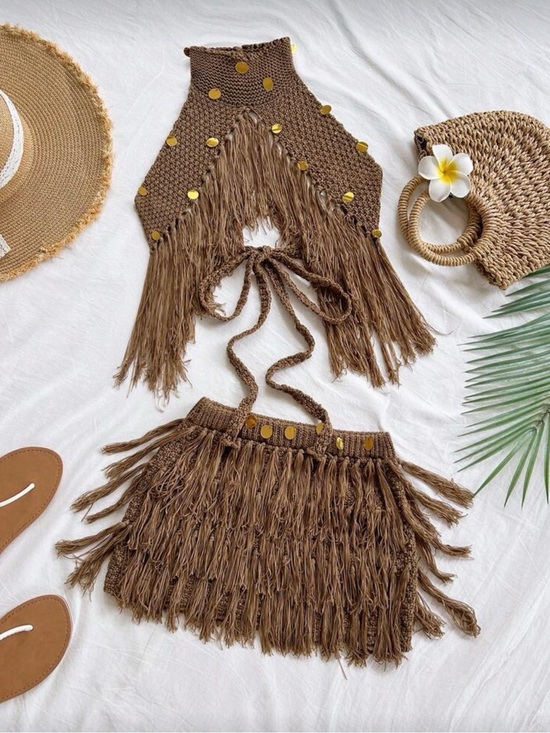SHEIN Dresses & Skirts - Boho Brown Fringe Crochet 2-Piece Set | size Medium | BRAND NEW NEVER WORN